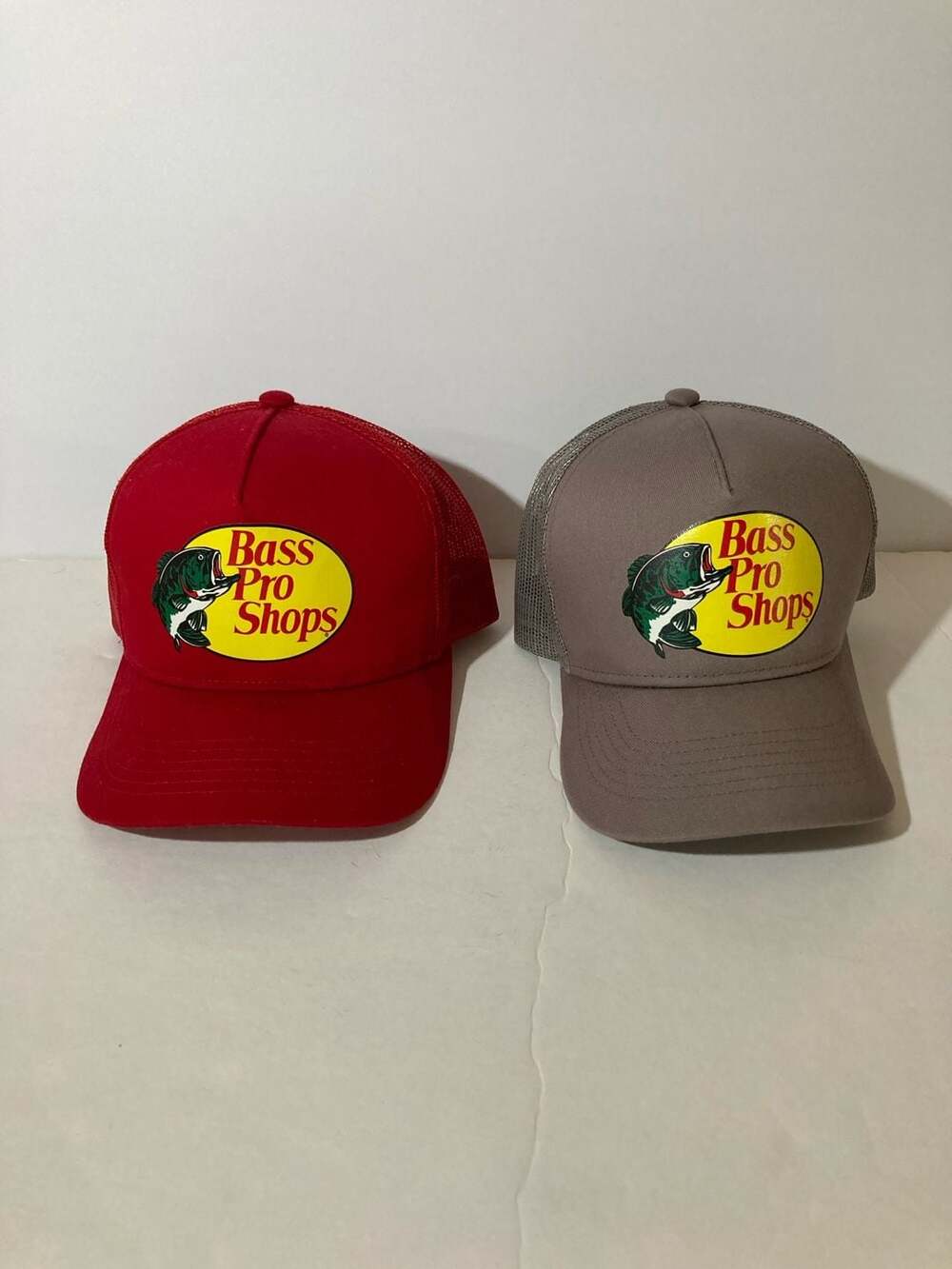 Lot of 2 Bass Pro Shops Mesh Trucker Hats Red & Grey Snapback Caps